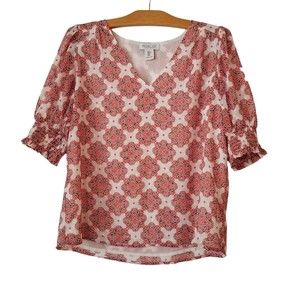 Rachel Zoe Womens M Blouse Peasant Swiss Dot Boho Half Puff Sleeve Orange